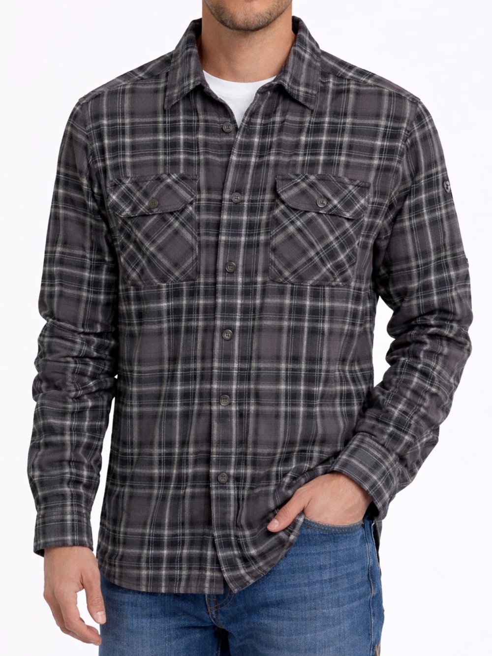 Kuhl Dillingr Button Up Flannel Shirt Black Grey Plaid Outdoor Mens Size Medium